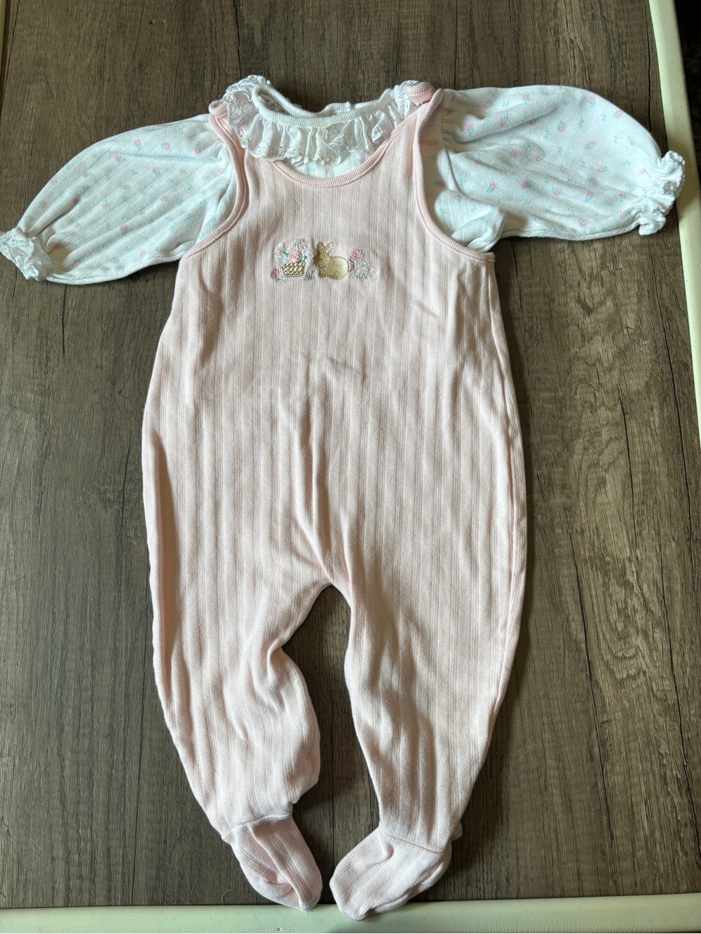 Vintage 90s Y2K Carter’s Baby Bunny Overalls Romper Shirt Lacy Girly Flowers 6-9